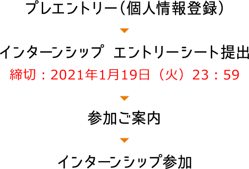 プレエントリー→インターシップ エントリーシート提出（締切：2021年1月19日（火）23：59）→参加ご案内→インターシップ参加