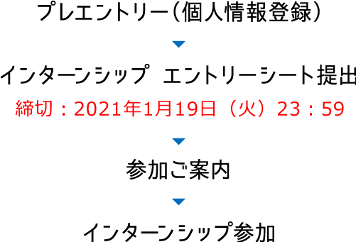プレエントリー→インターシップ エントリーシート提出（締切：2019年11月17日（日）23:59）→参加ご案内→インターシップ参加