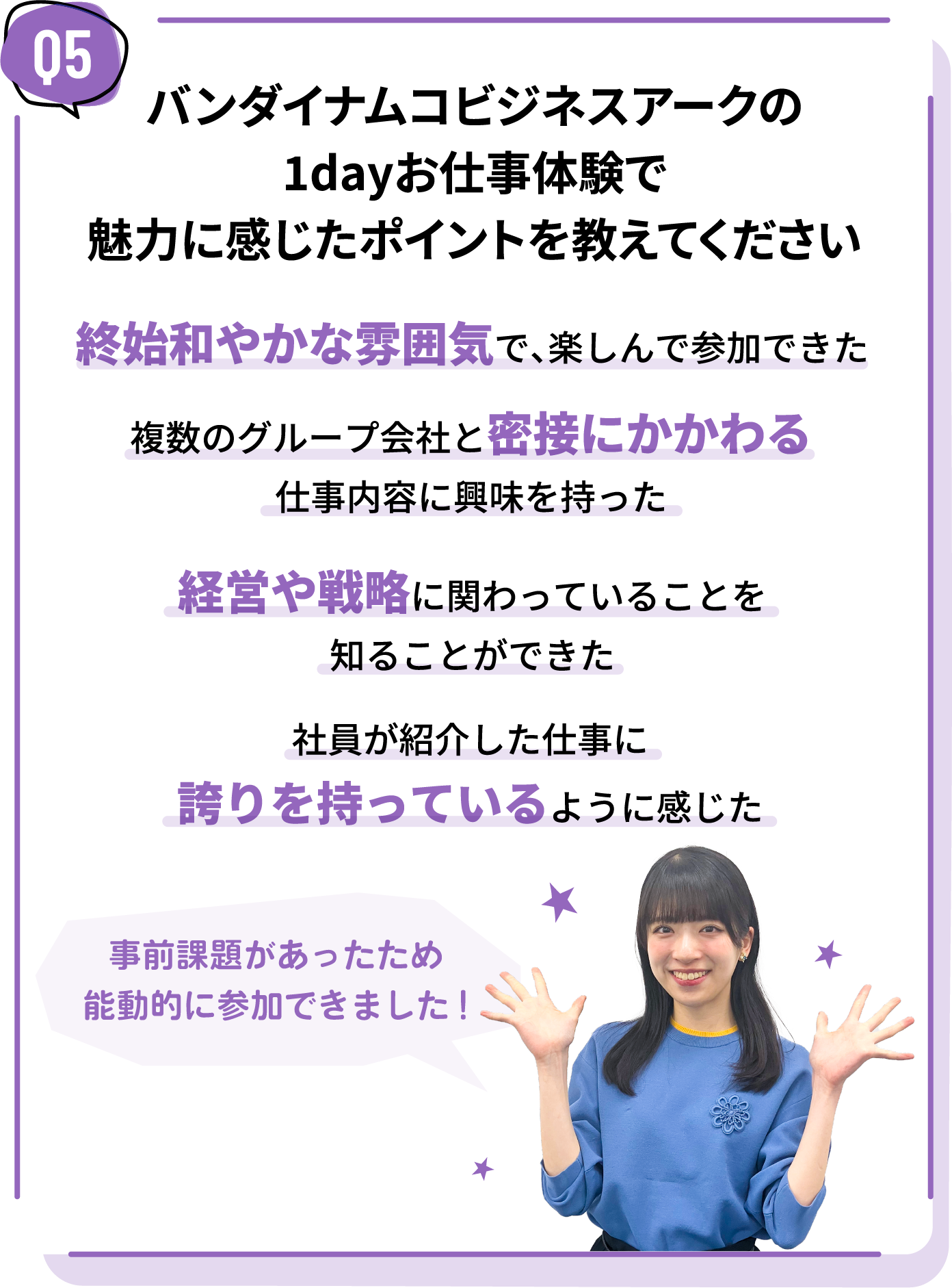 バンダイナムコビジネスアークの1dayお仕事体験で魅力に感じたポイントを教えてください